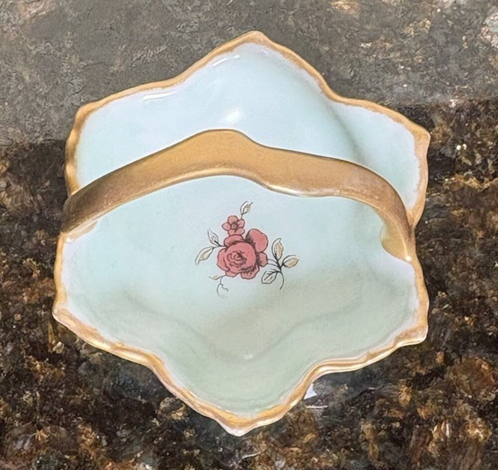 Vintage Handle Basket Dish Trinket Barvarian Style Porcelain Gold Gilt